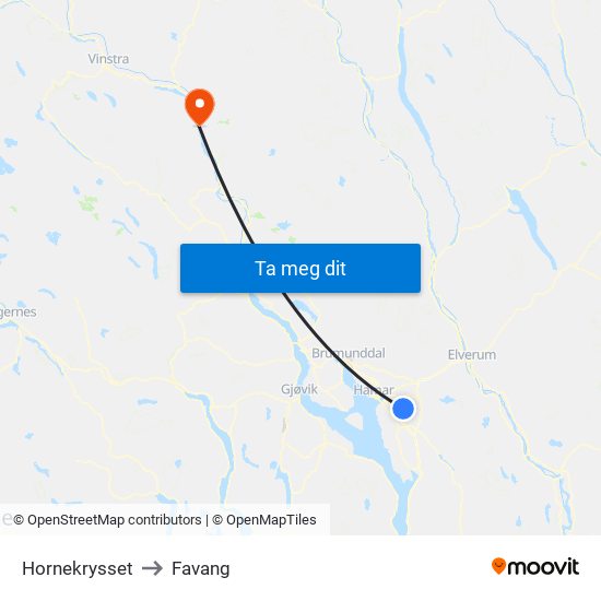 Hornekrysset to Favang map