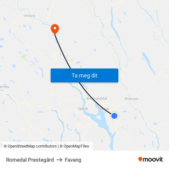 Romedal Prestegård to Favang map
