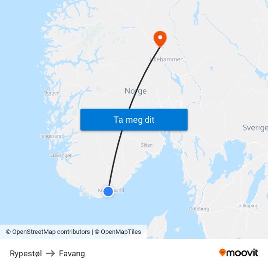 Rypestøl to Favang map