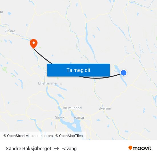 Søndre Baksjøberget to Favang map