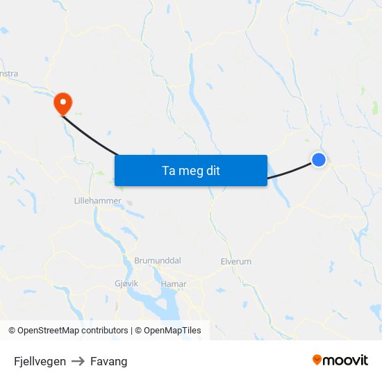 Fjellvegen to Favang map