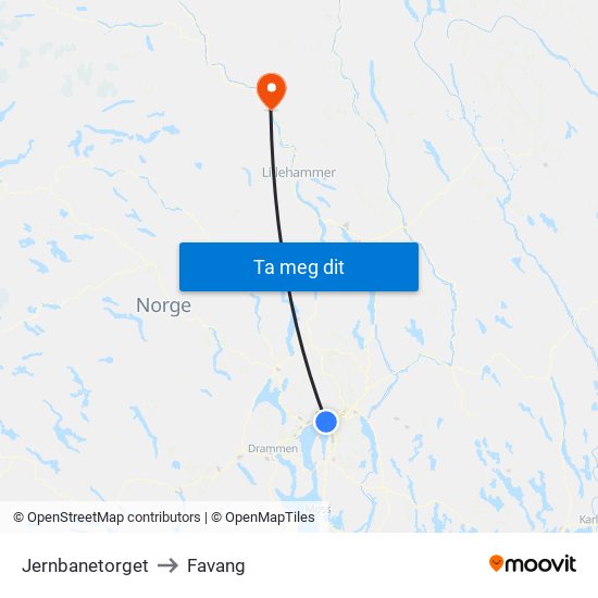 Jernbanetorget to Favang map