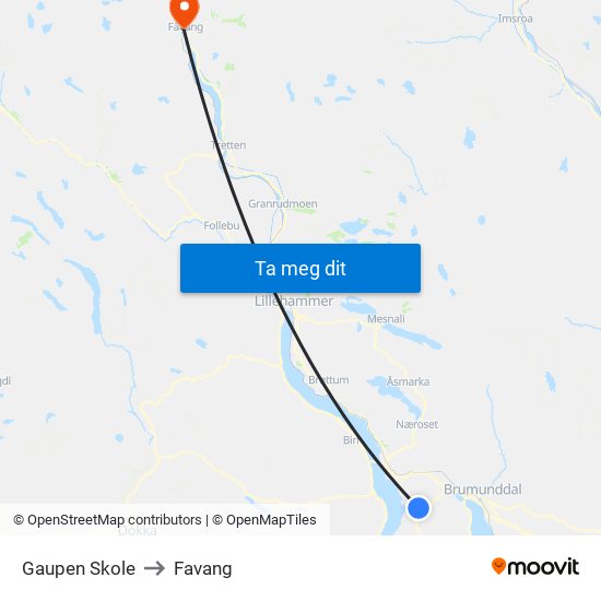 Gaupen Skole to Favang map