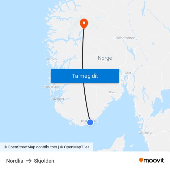 Nordlia to Skjolden map