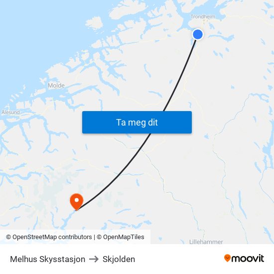 Melhus Skysstasjon to Skjolden map