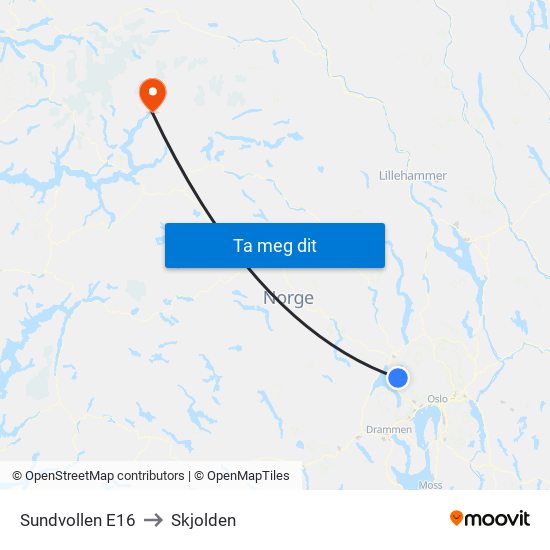 Sundvollen E16 to Skjolden map