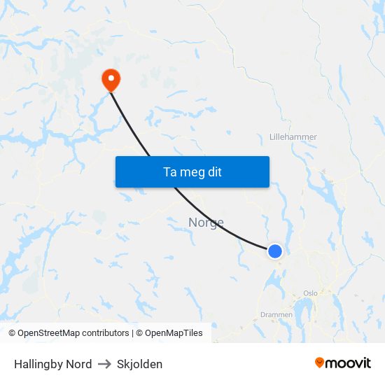 Hallingby Nord to Skjolden map