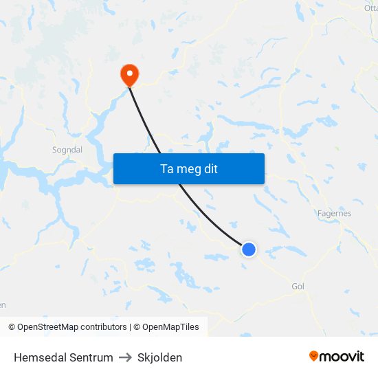 Hemsedal Sentrum to Skjolden map