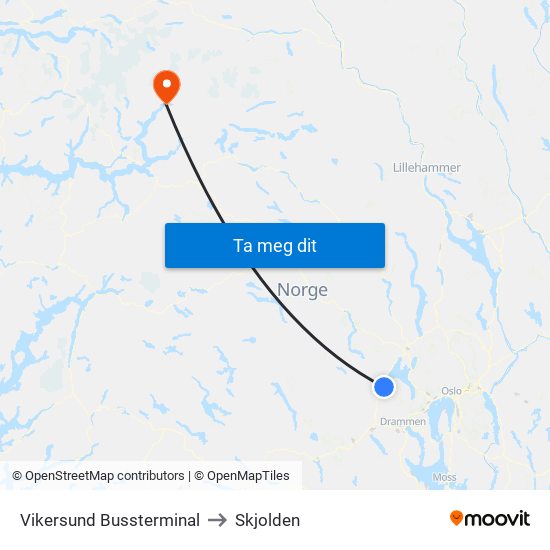Vikersund Bussterminal to Skjolden map