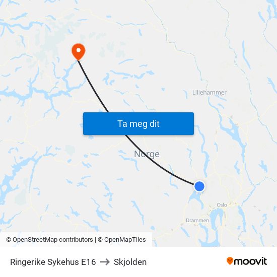 Ringerike Sykehus E16 to Skjolden map