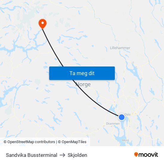 Sandvika Bussterminal to Skjolden map