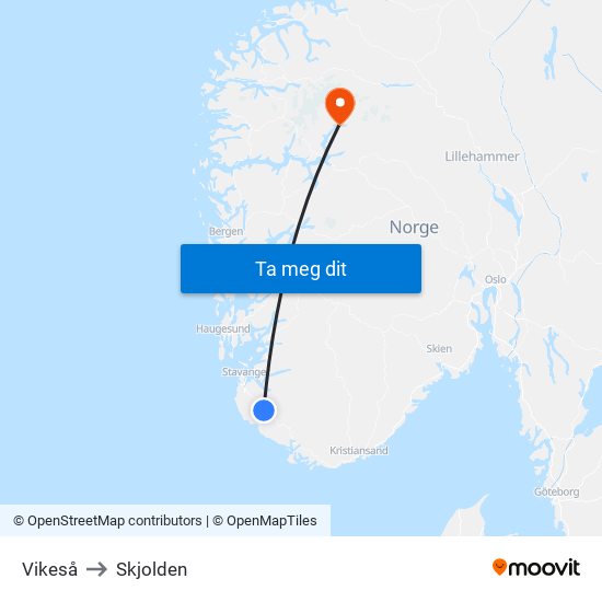 Vikeså to Skjolden map