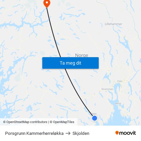 Porsgrunn Kammerherreløkka to Skjolden map