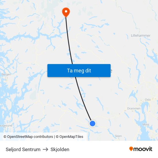 Seljord Sentrum to Skjolden map