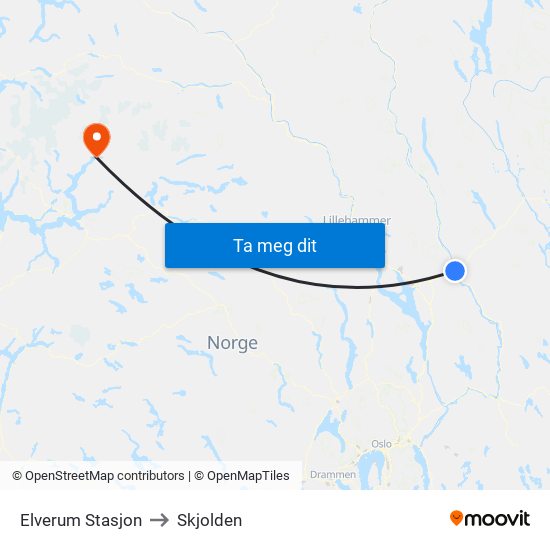 Elverum Stasjon to Skjolden map