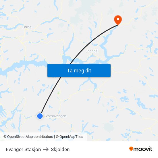 Evanger Stasjon to Skjolden map