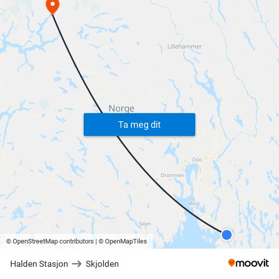 Halden Stasjon to Skjolden map