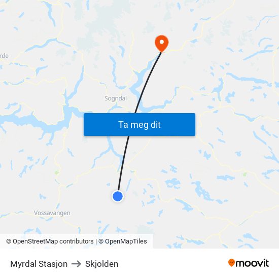 Myrdal Stasjon to Skjolden map