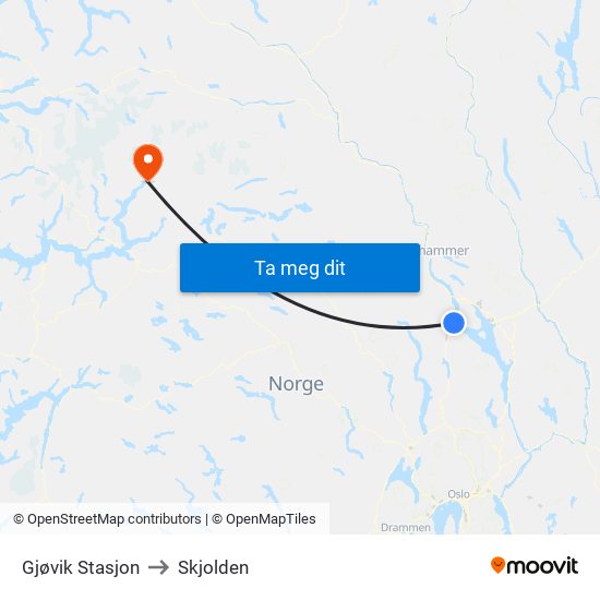 Gjøvik Stasjon to Skjolden map