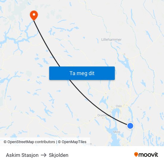 Askim Stasjon to Skjolden map