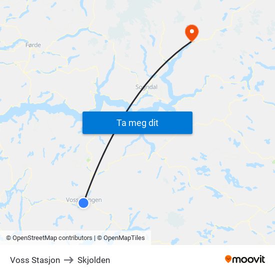 Voss Stasjon to Skjolden map