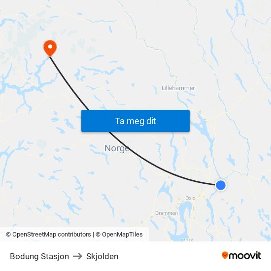 Bodung Stasjon to Skjolden map