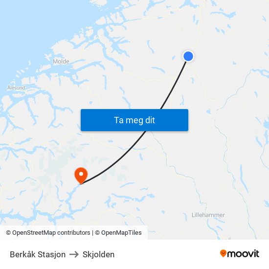 Berkåk Stasjon to Skjolden map