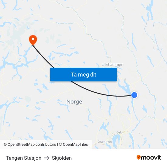 Tangen Stasjon to Skjolden map