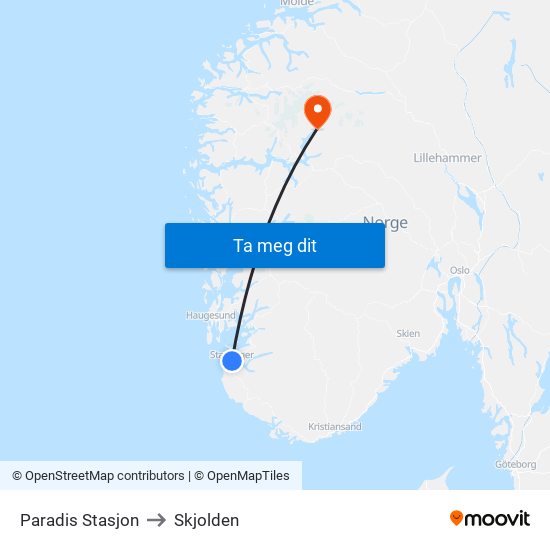 Paradis Stasjon to Skjolden map