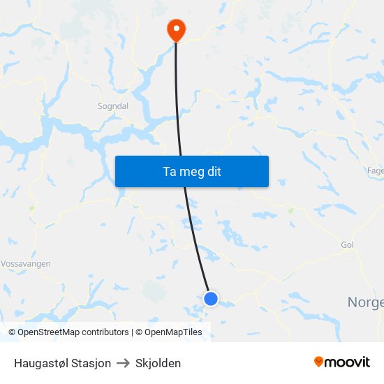 Haugastøl Stasjon to Skjolden map