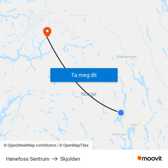 Hønefoss Sentrum to Skjolden map