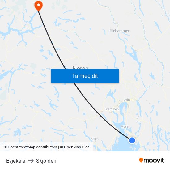 Evjekaia to Skjolden map