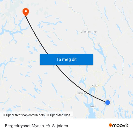 Bergerkrysset Mysen to Skjolden map
