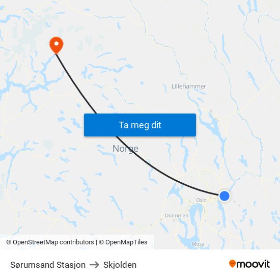 Sørumsand Stasjon to Skjolden map