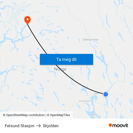 Fetsund Stasjon to Skjolden map