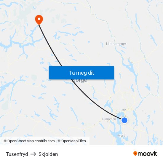 Tusenfryd to Skjolden map