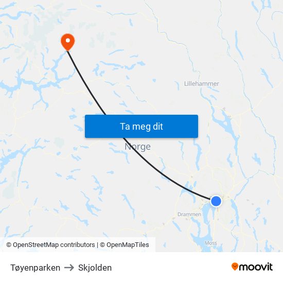 Tøyenparken to Skjolden map