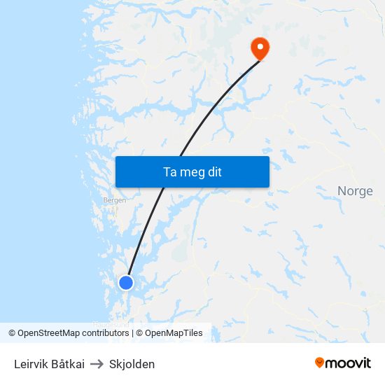 Leirvik Båtkai to Skjolden map