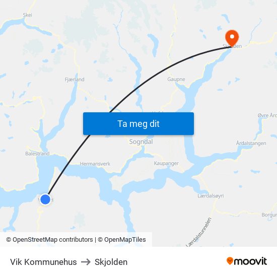 Vik Kommunehus to Skjolden map