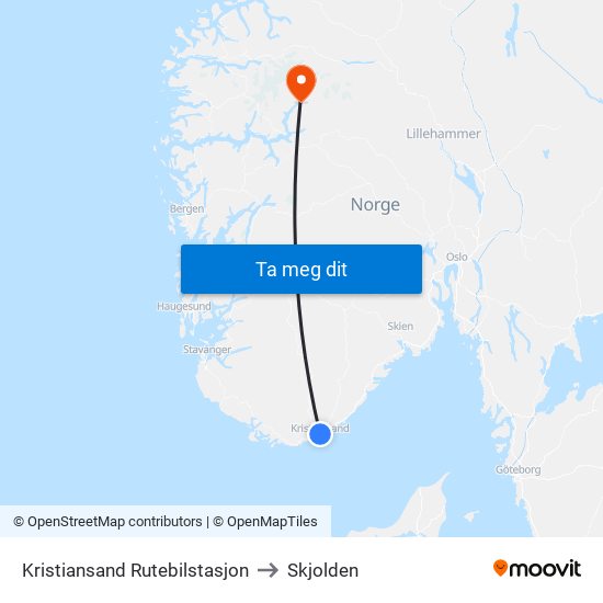 Kristiansand Rutebilstasjon to Skjolden map