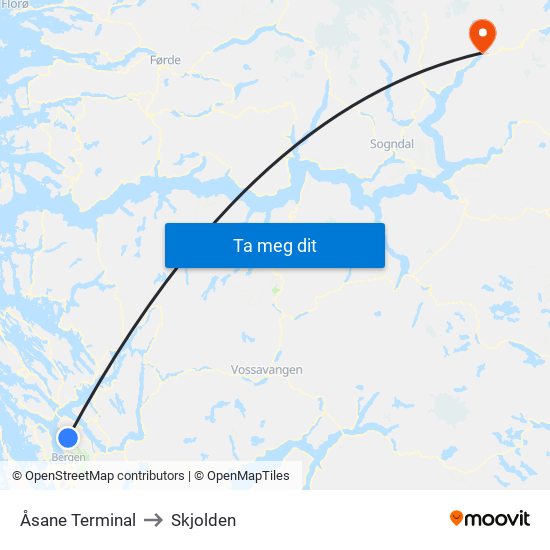 Åsane Terminal to Skjolden map
