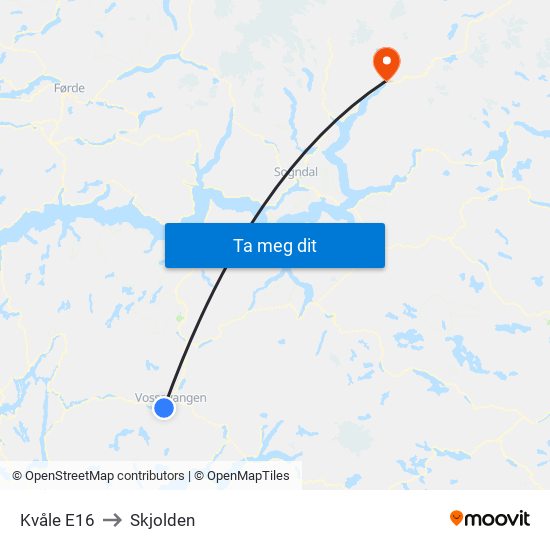 Kvåle E16 to Skjolden map