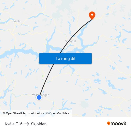 Kvåle E16 to Skjolden map