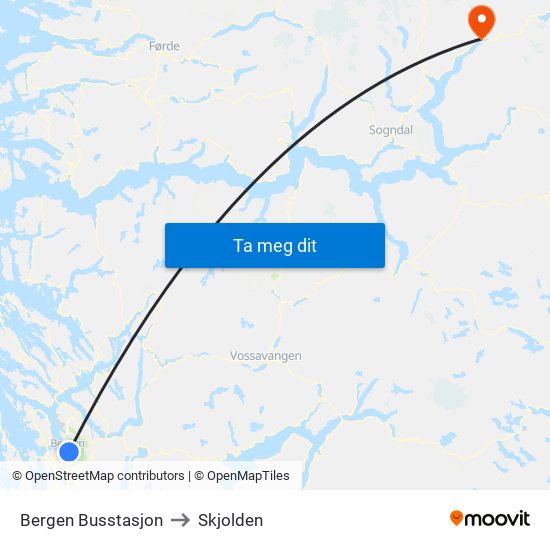 Bergen Busstasjon to Skjolden map