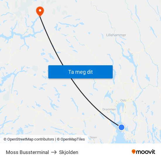 Moss Bussterminal to Skjolden map