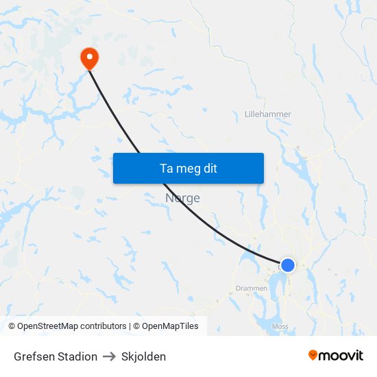 Grefsen Stadion to Skjolden map
