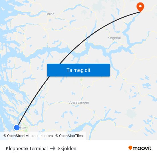 Kleppestø Terminal to Skjolden map