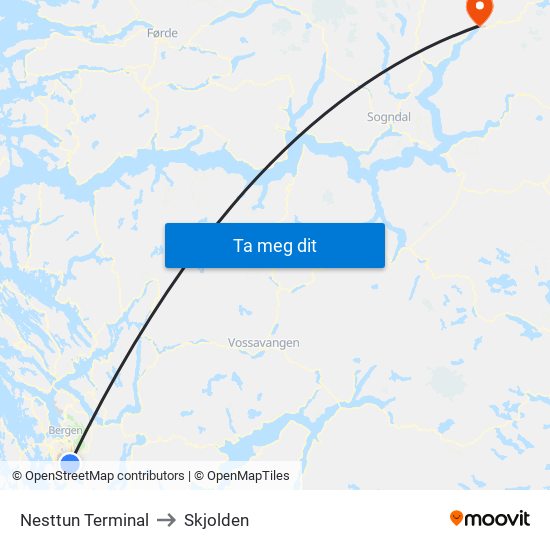 Nesttun Terminal to Skjolden map