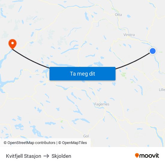 Kvitfjell Stasjon to Skjolden map