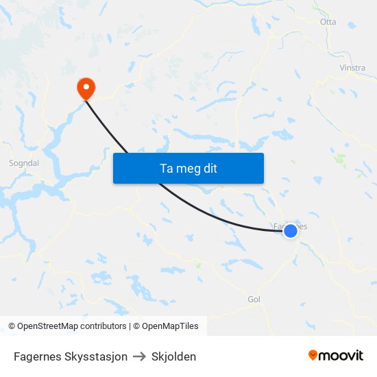 Fagernes Skysstasjon to Skjolden map